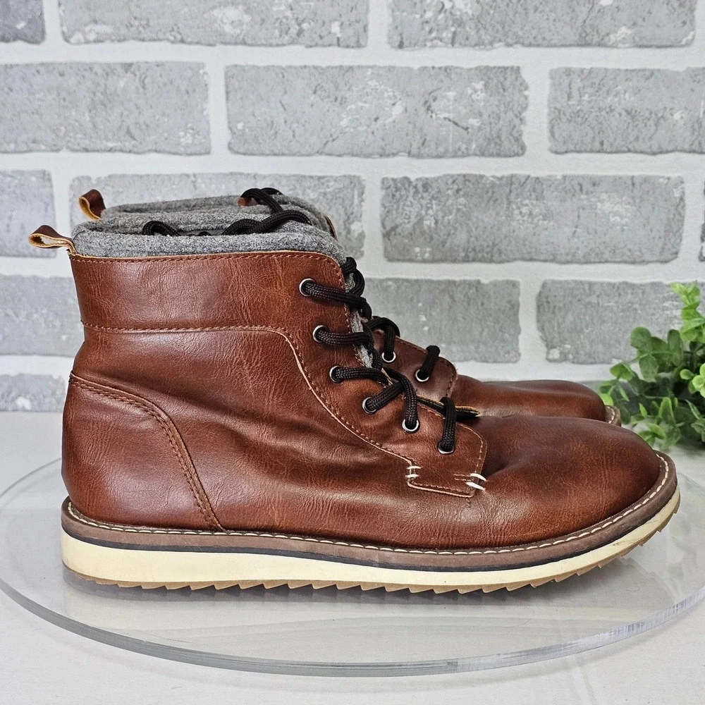 Old Navy Faux‎ Leather Ankle Boots Men's 6 Brown Lace Up Fleece Lined Winter